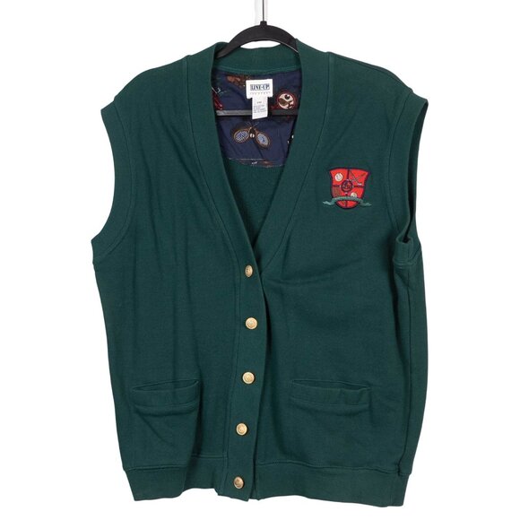 Line-Up Jackets & Blazers - Line-Up Sweatshirt Vest PM Womens VTG Green Buttons Embroidered Crest Sports